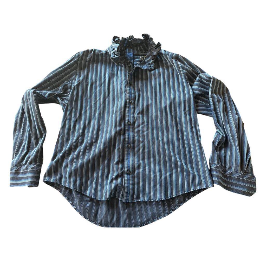KJM Button‎ Up Shirt Large Blue Striped Ruffle Preppy Workwear Office Business